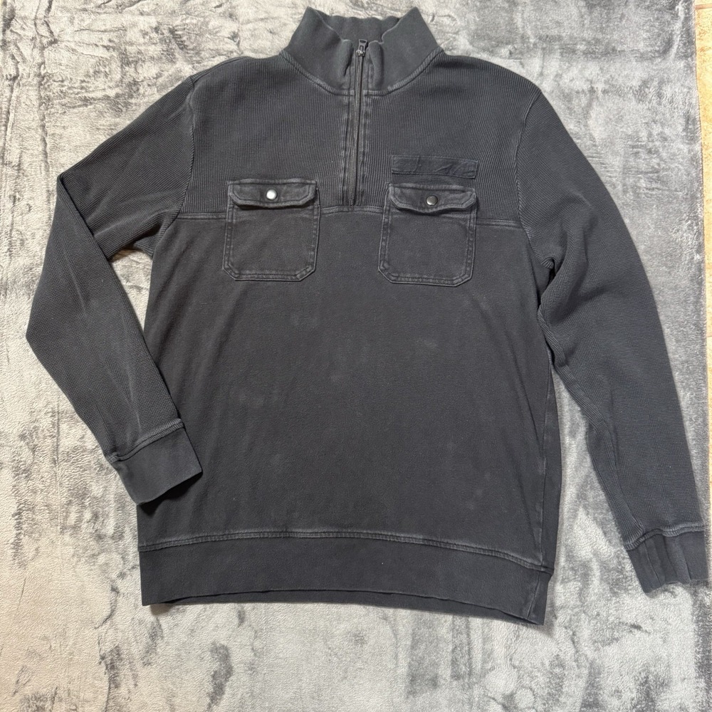 Banana Republic Mens L Black Quarter Zip Pullover Utility Pocket Waffle Knit